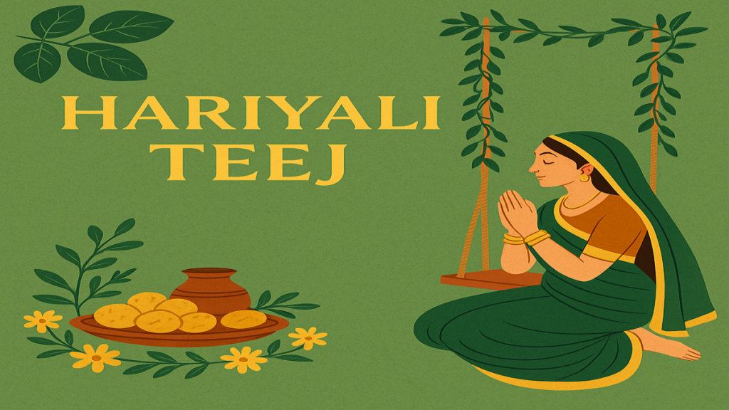 Digital illustration of Hariyali Teej 2025 with Shiv-Parvati symbolism, green monsoon theme, and festive Hindu elements