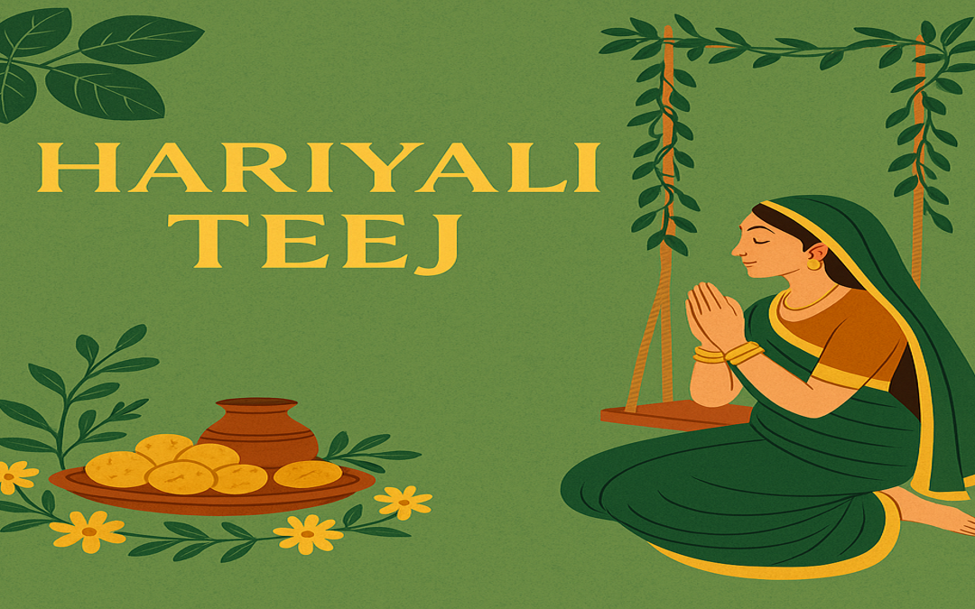 Digital illustration of Hariyali Teej 2025 with Shiv-Parvati symbolism, green monsoon theme, and festive Hindu elements