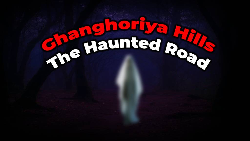 Dark horror poster showing a haunted road in the fictional Ghanghoriya Hills with fog and eerie shadows