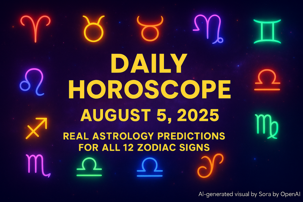 Colorful neon zodiac signs glowing around the title “Daily Horoscope – August 5, 2025 – Real Astrology Predictions for All 12 Zodiac Signs” on a dark starry background.