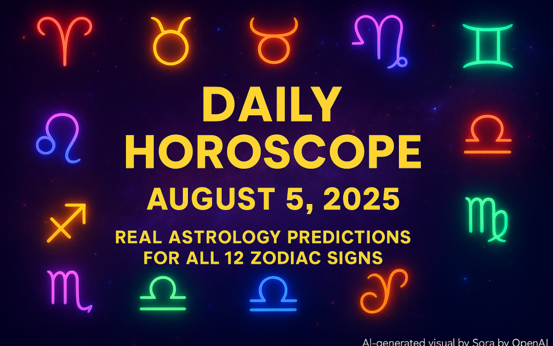 Colorful neon zodiac signs glowing around the title “Daily Horoscope – August 5, 2025 – Real Astrology Predictions for All 12 Zodiac Signs” on a dark starry background.