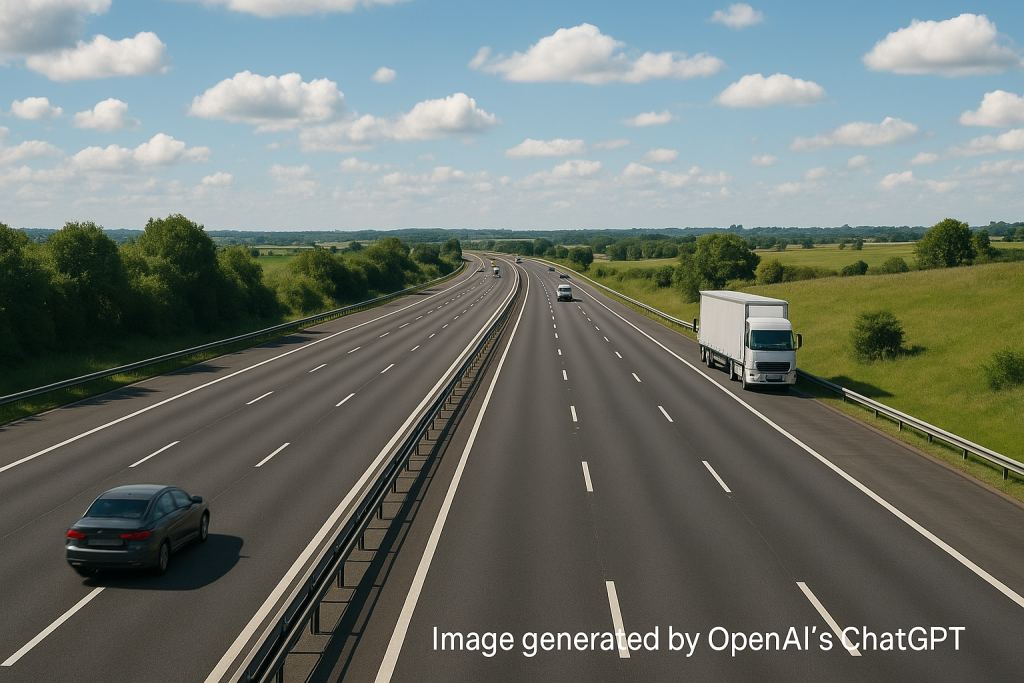A modern highway with multiple lanes in both directions, a few vehicles including a truck and cars, surrounded by green fields and trees under a partly cloudy blue sky.