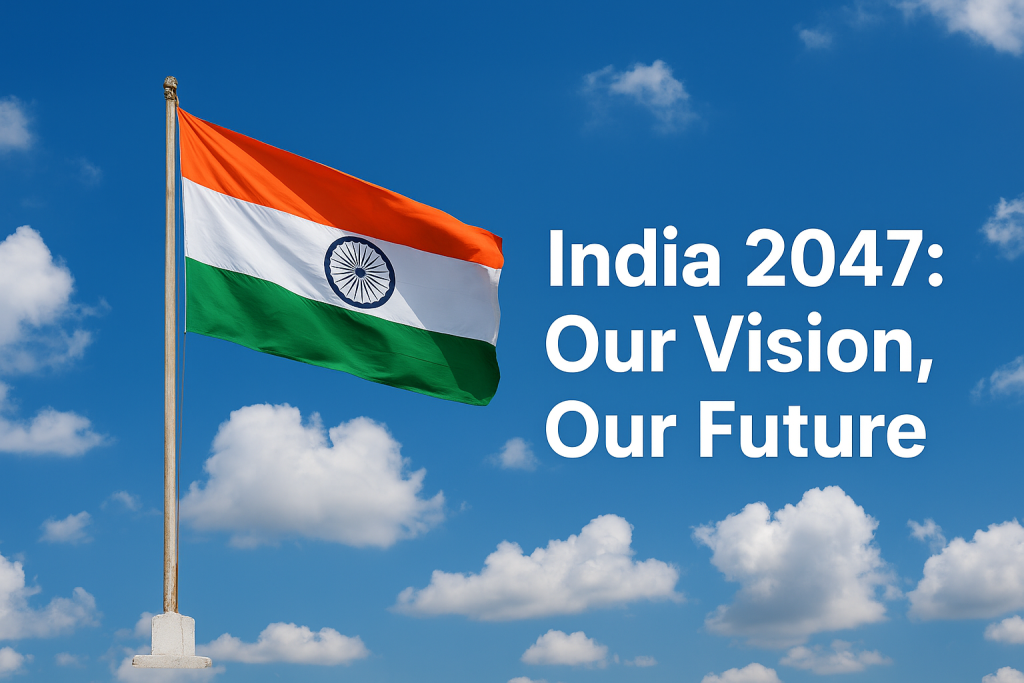 Indian national flag waving proudly in a bright blue daytime sky with soft white clouds, symbolizing freedom, unity, and patriotism