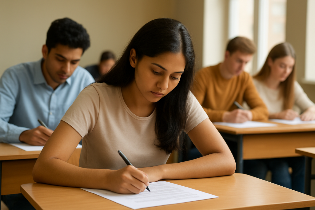 AI द्वारा निर्मित चित्र - DSSSB भर्ती 2025 परीक्षा का प्रतीकात्मक दृश्य, जिसमें छात्र परीक्षा देते हुए दिखाई दे रहे हैं