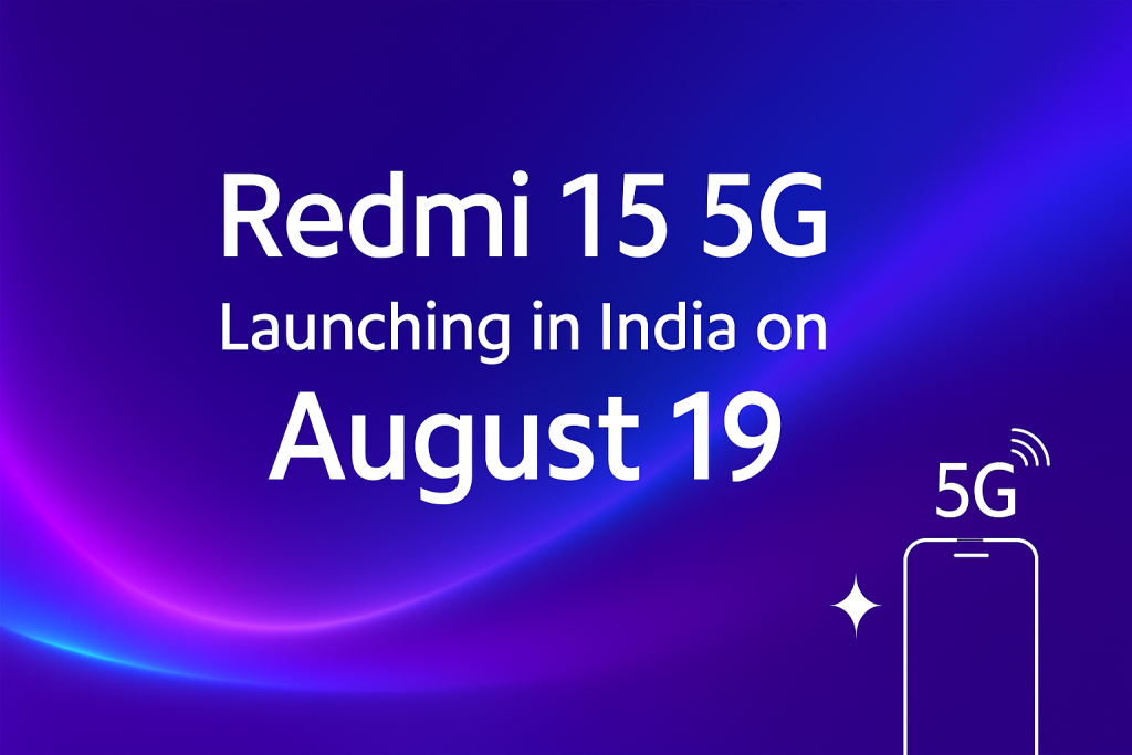 Redmi 15 5G Launching in India digital graphic with vibrant tech background