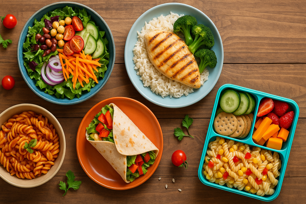 Overhead shot of vibrant lunch ideas including salad, grilled chicken with rice, wrap, pasta, and a colorful lunchbox.