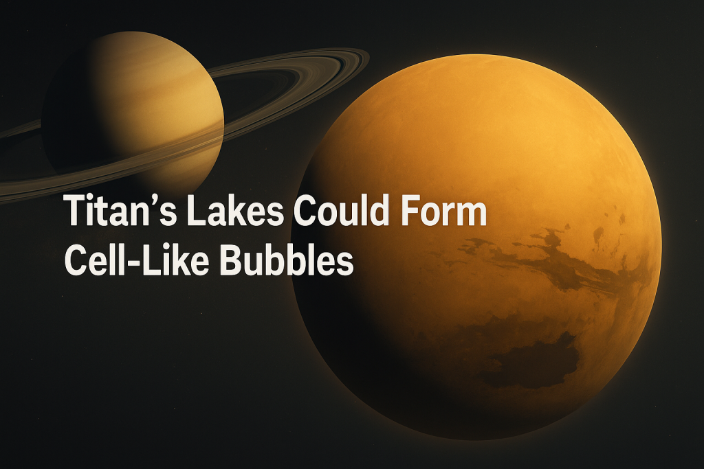 AI-generated illustration of Titan moon with Saturn and methane lakes, based on NASA research findings
