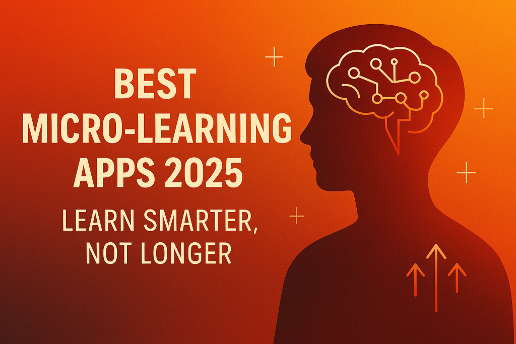 A modern motivational banner showing micro-learning apps concept with people using smartphones and laptops to learn faster in 2025.