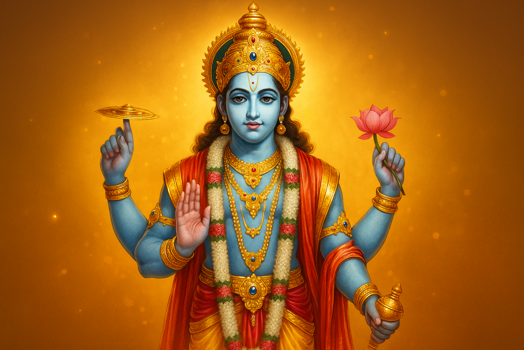 Lord Vishnu blessing devotees on Dev Uthani Ekadashi 2025 with golden divine background and glowing spiritual aura